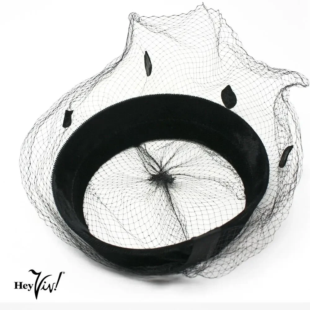 Vintage Black Velvet Halo Ring Hat w Veil and Rhinestone Leaf Trim - Hey Viv